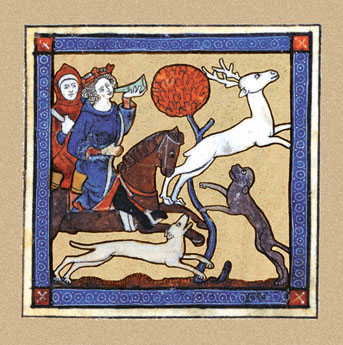 Knig Artus jagt den weien Hirsch<br>Aus der Pergamentschrift des Romans                                                                     
                      <br>rec et nide von Chretien de Troyes, 13. Jh., Paris.                                                                     
                      <br> 17 x 19,5 cm - B217 - 4,95 Euro - 6,95 sfr